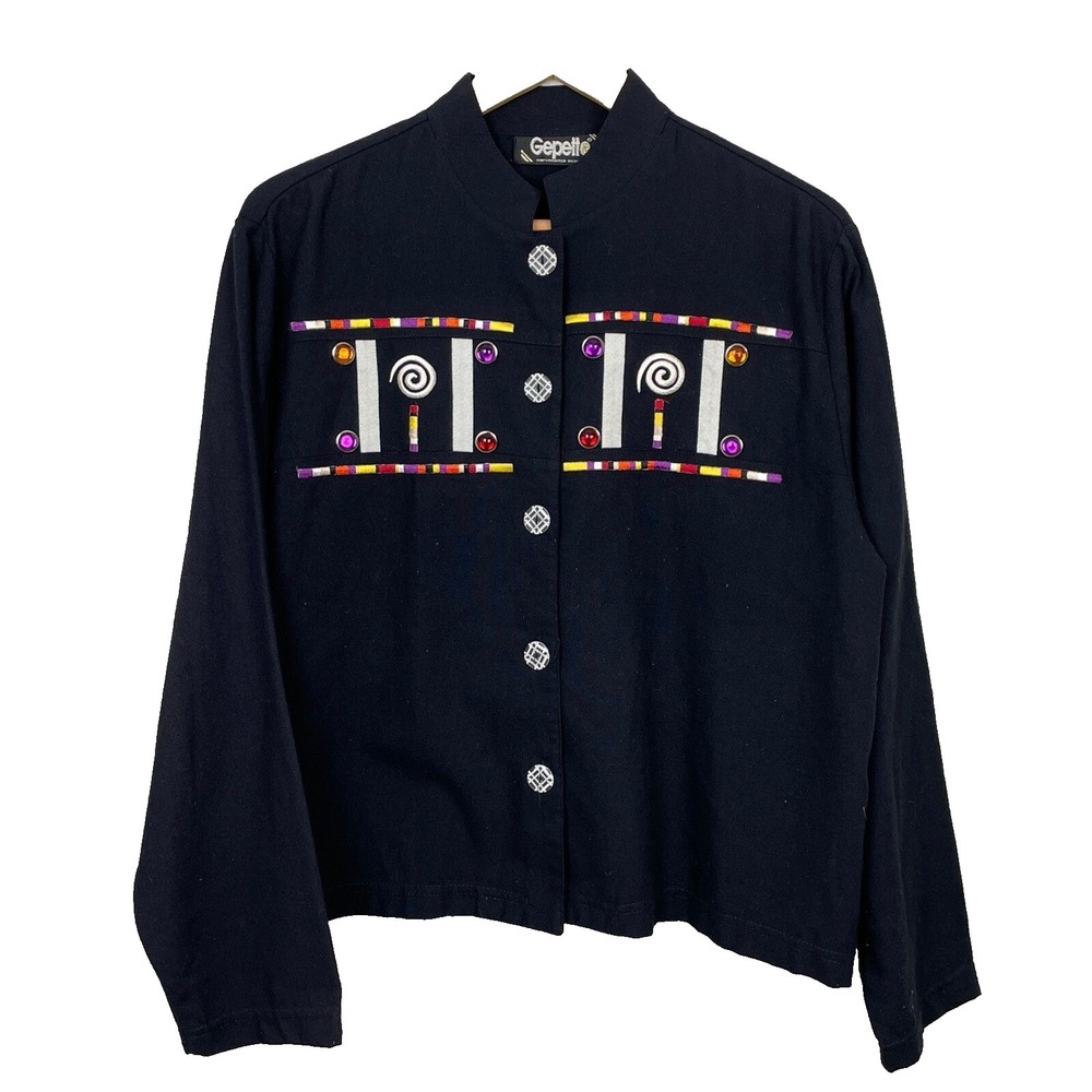 VTG Gepetto Jacket Shirt Womens Large Embellished Boxy Button Up Art To Wear 90s